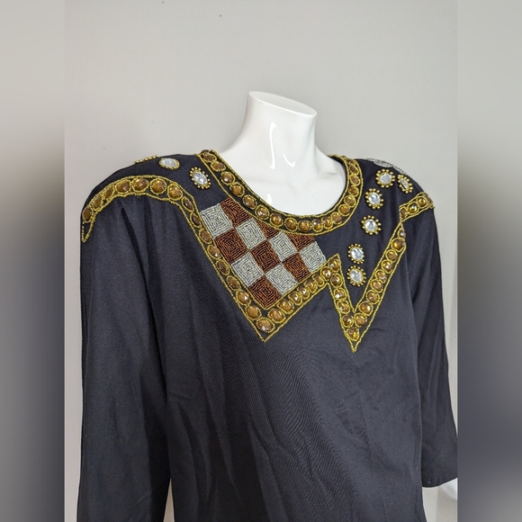 Vintage 90s Black Embellished Top Gold Beaded Sequin Statement Shirt - Picture 3 of 9